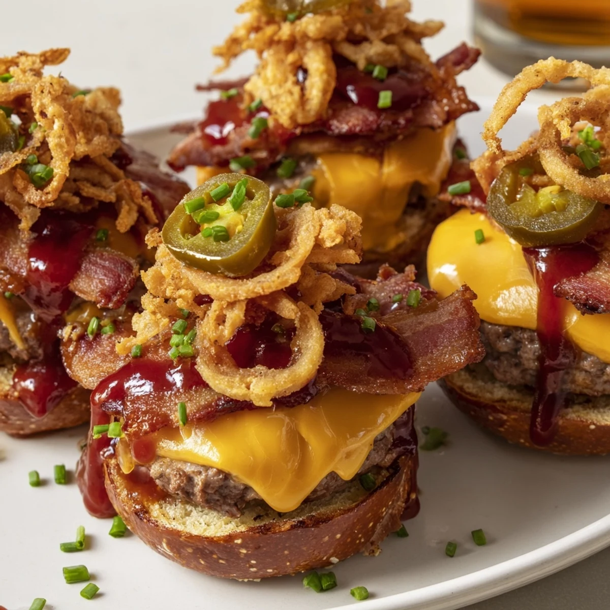 Stack of Pretzel Cowboy Sliders garnished with fresh chives featuring grilled beef, sharp cheddar, and sweet barbecue glaze