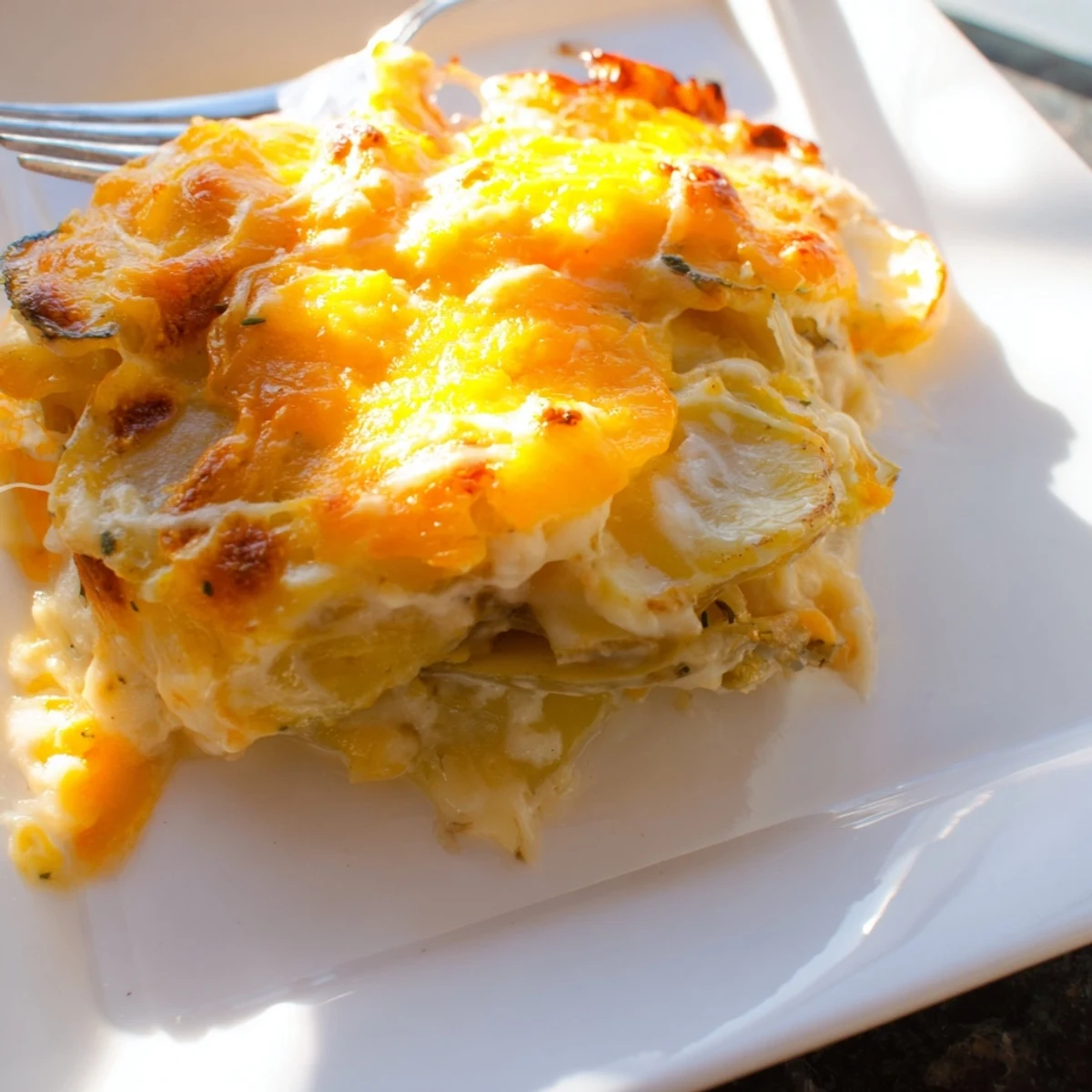 Creamy scalloped potatoes with melted cheddar cheese layers served in a rustic baking dish