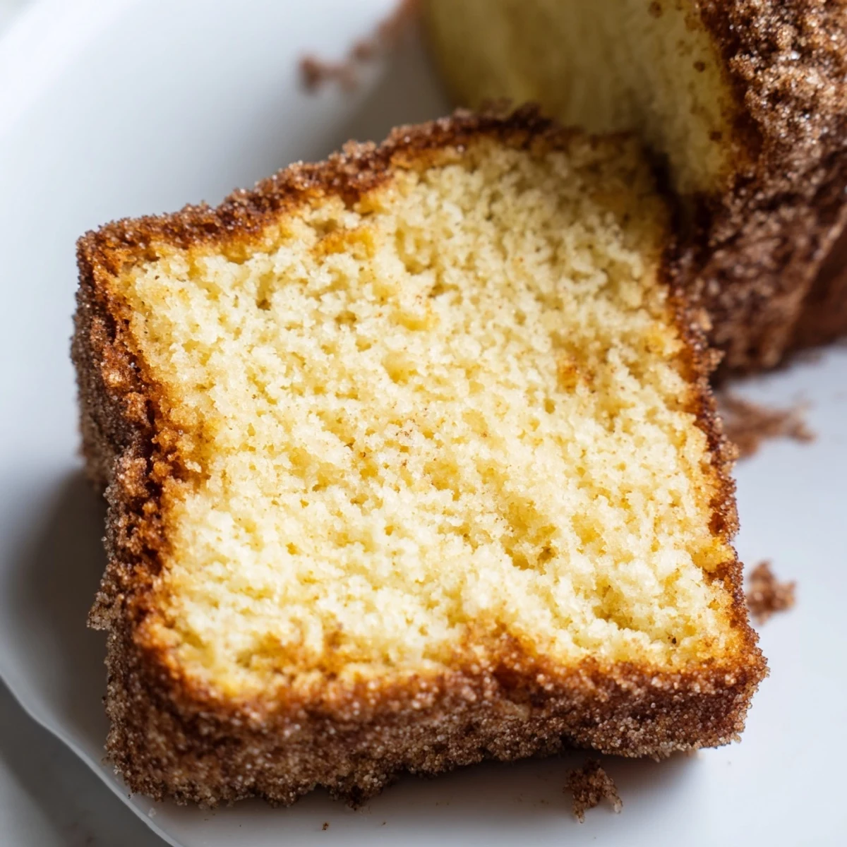 Golden cinnamon sugar donut bread loaf with crispy sugary topping on a wooden board