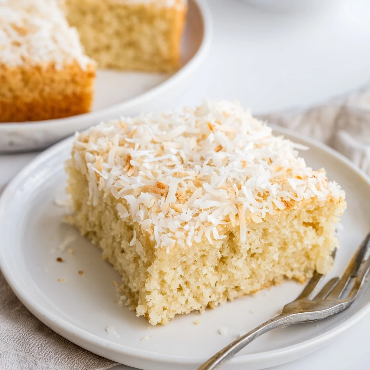 Golden coconut mochi cake sprinkled with shredded coconut topping on a white plate