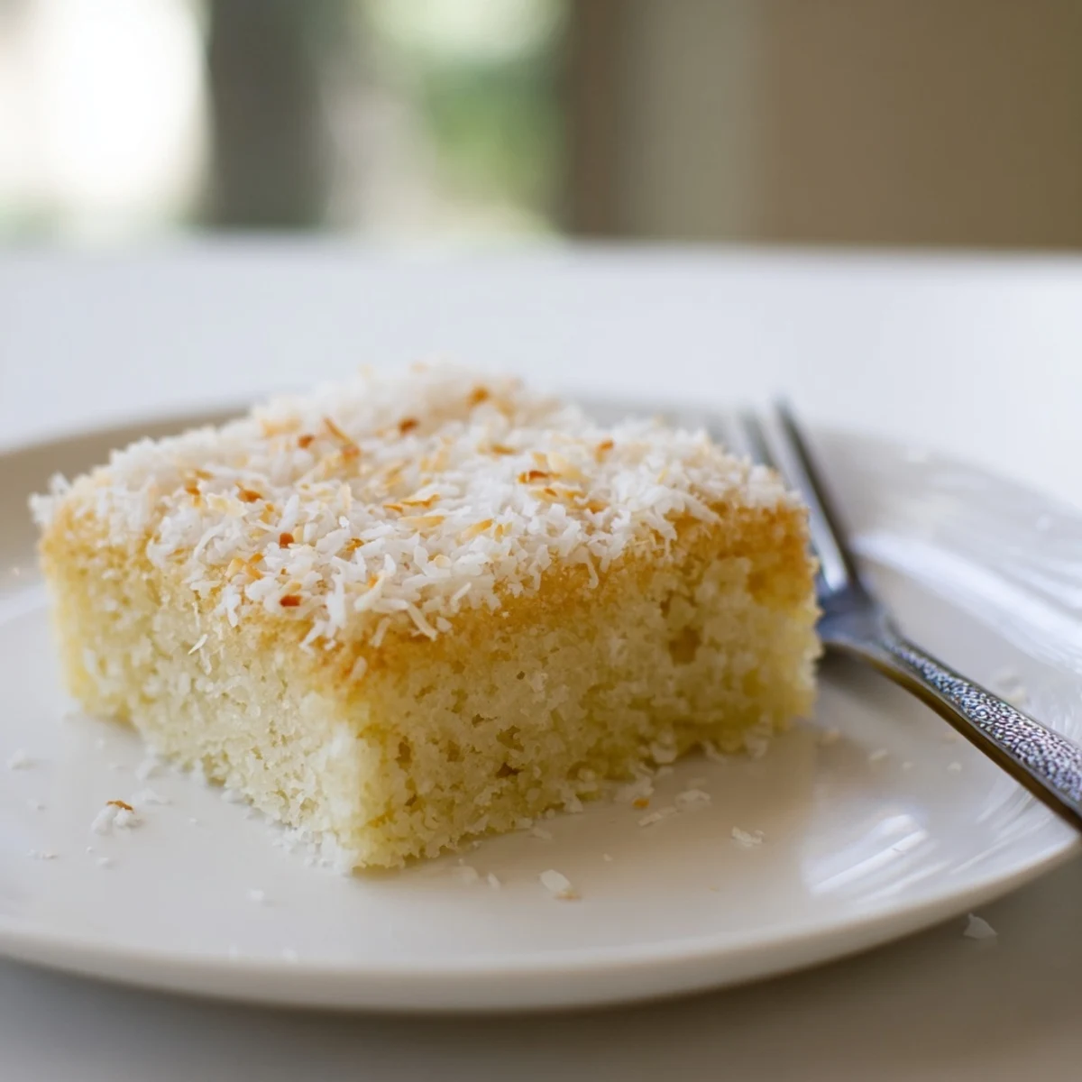 Chewy gluten-free coconut mochi cake sliced into squares on a wooden serving board