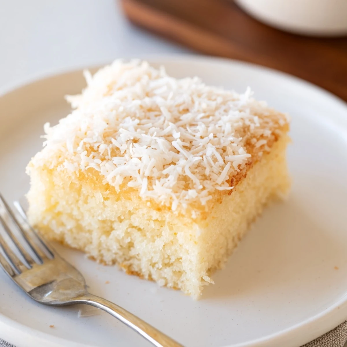 Freshly baked coconut mochi cake with golden edges and coconut garnish for dessert