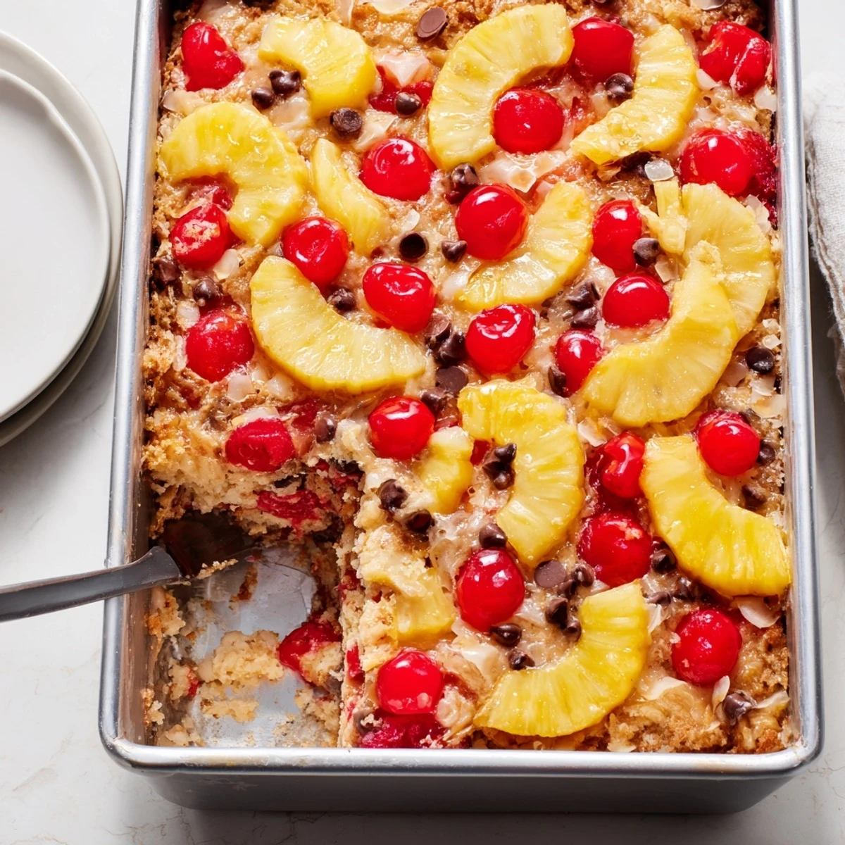 Baked banana split dump cake topped with whipped cream, nuts, and maraschino cherries