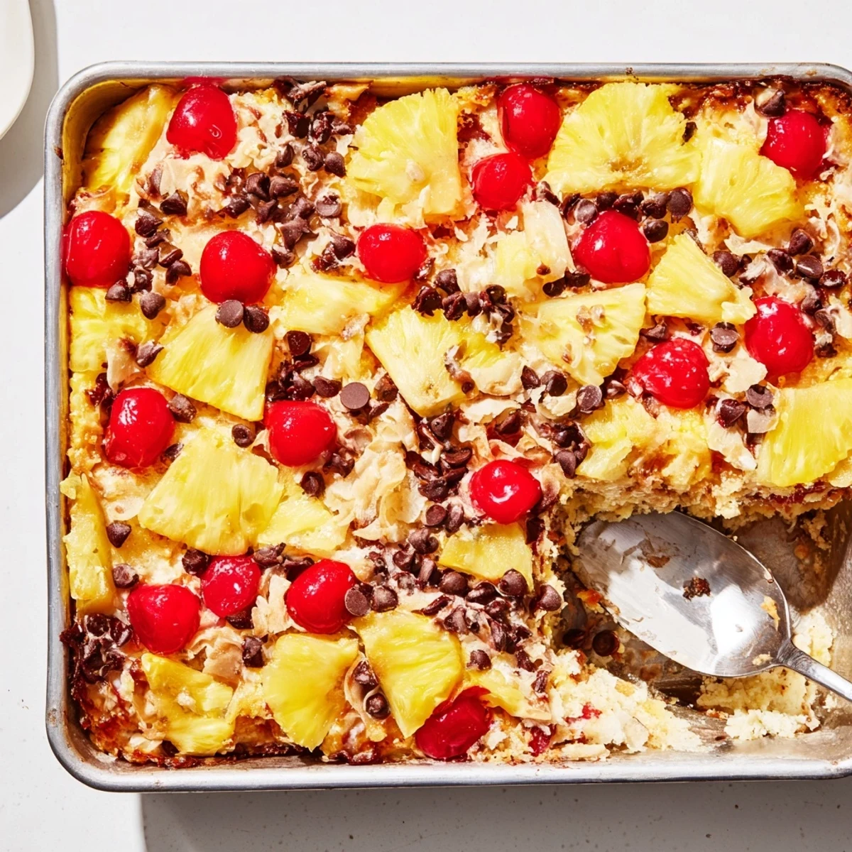 Golden banana split dump cake with bubbling fruit layers and melted chocolate chips