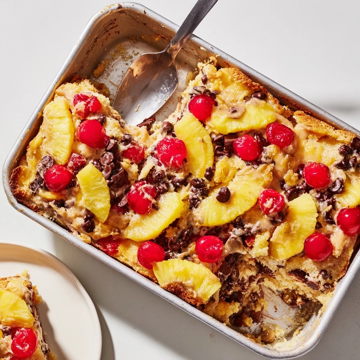 Warm banana split dump cake serving with gooey pineapple, chocolate, and vanilla ice cream