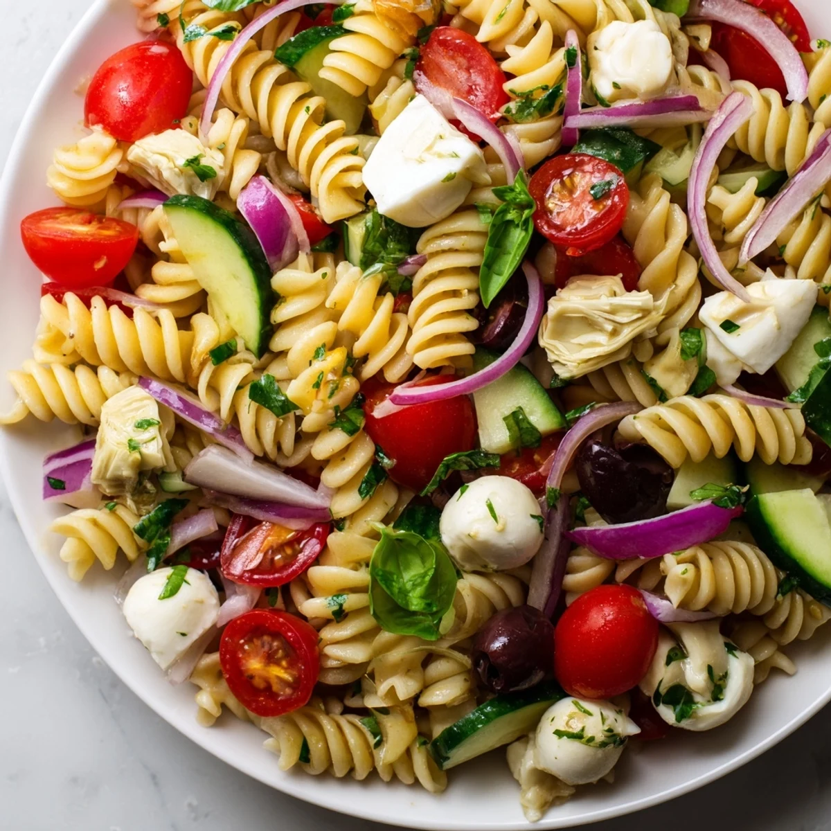Colorful Italian vegetarian pasta salad loaded with fresh tomatoes, mozzarella, and crisp vegetables tossed in zesty dressing