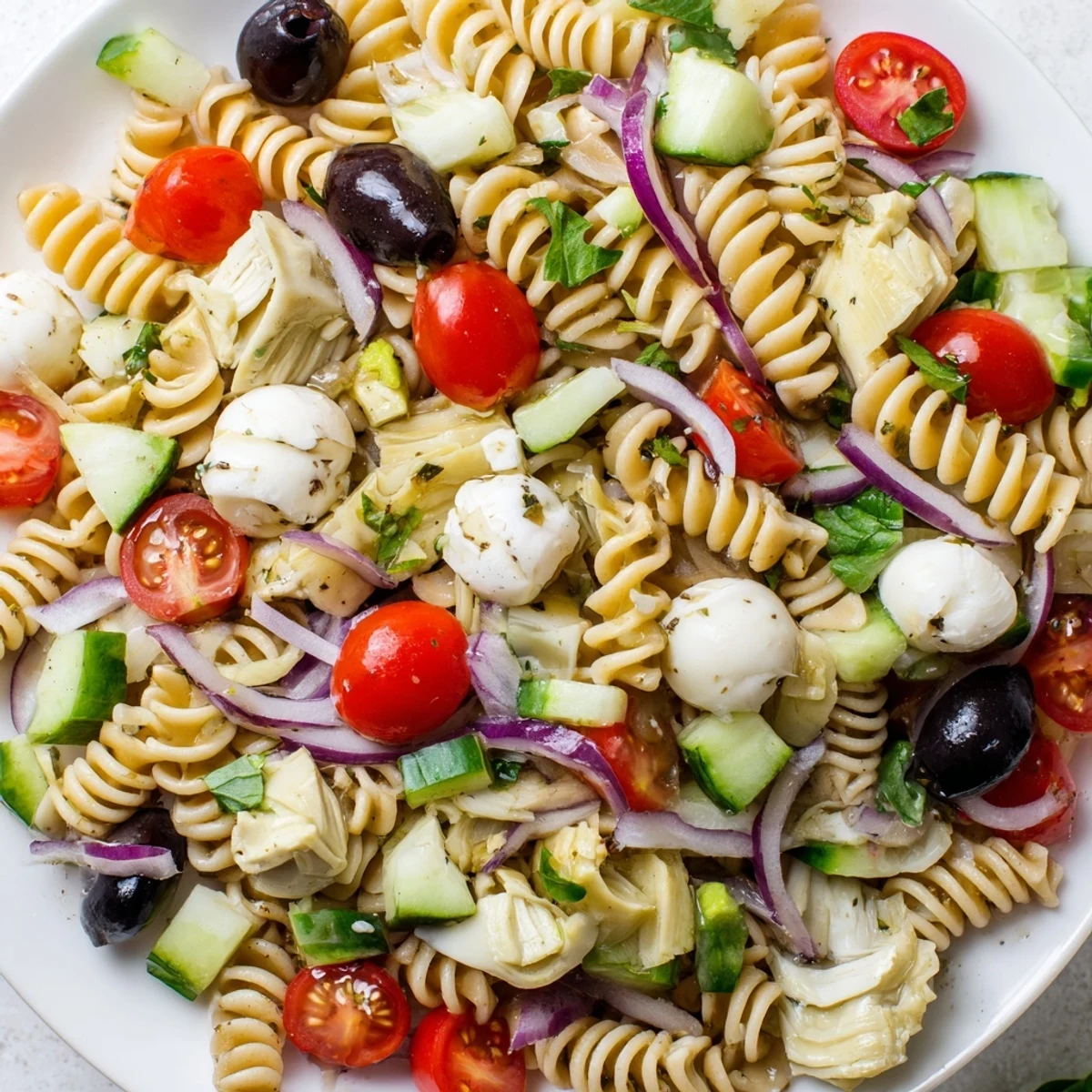 Vibrant bowl of Italian vegetarian pasta salad featuring rotini, cherry tomatoes, olives, and basil in Mediterranean dressing