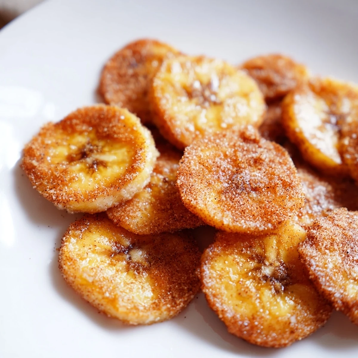 Crispy banana chips coated in sweet cinnamon sugar cooling on a wire rack