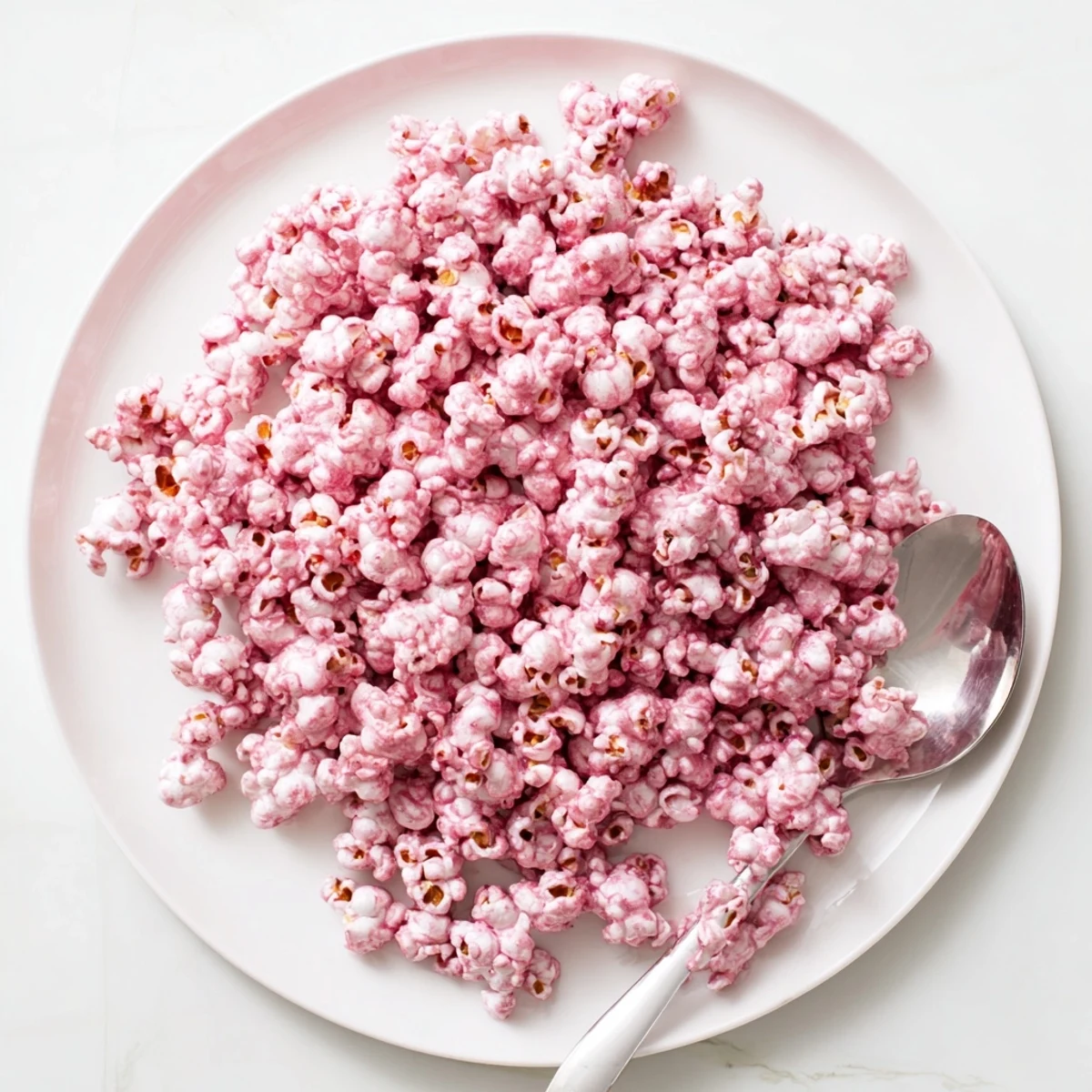 Light pink popcorn arranged in rustic bowl with rosy glaze shimmering