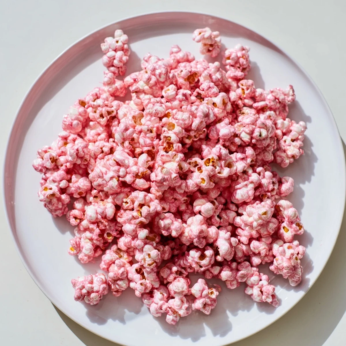 Handful of sweet pink popcorn clusters with glossy pink candy coating