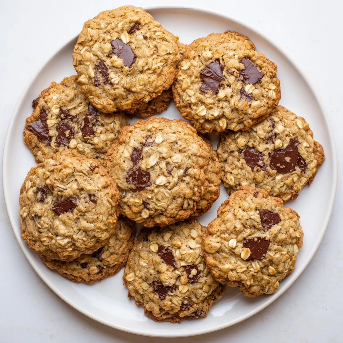 Homemade oatmeal chocolate chip cookies fresh from the oven with crispy golden edges