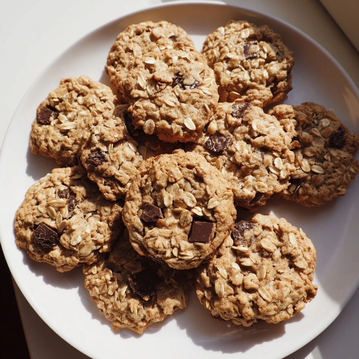 Golden classic oatmeal chocolate chip cookies with melted chocolate chips and chewy texture