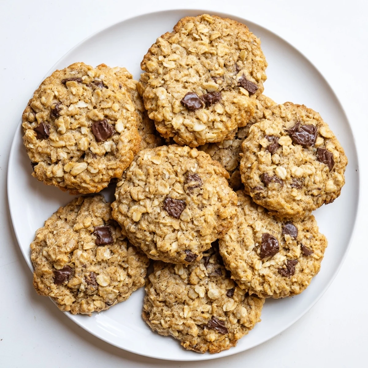 Stack of warm oatmeal chocolate chip cookies on a wooden cutting board ready to serve