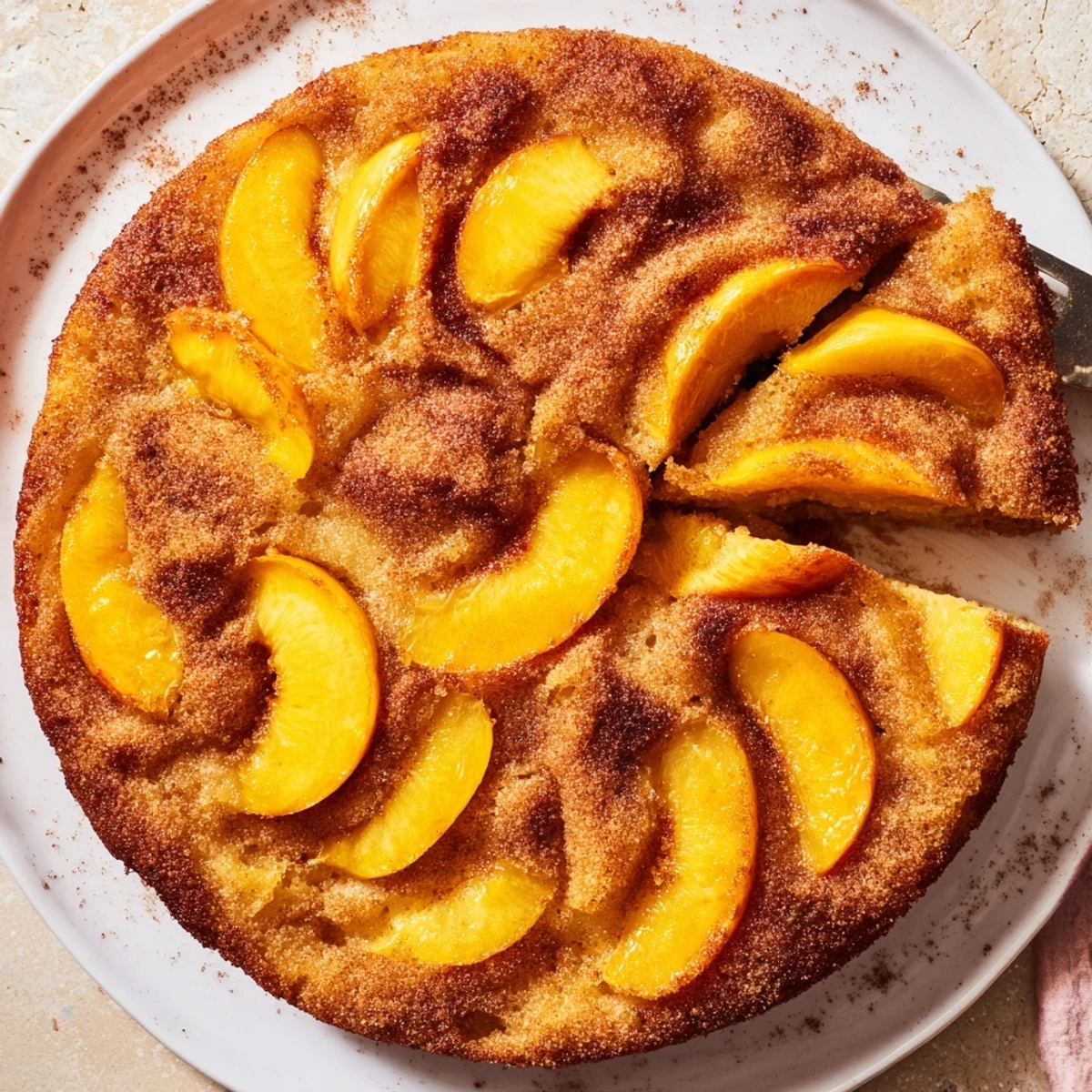 Moist summer peach cake served warm with whipped cream and juicy baked peach halves