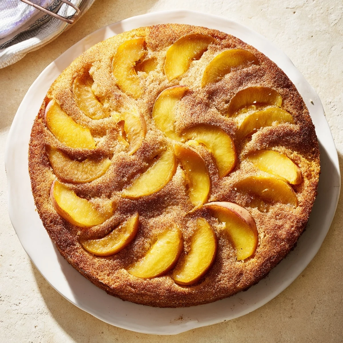 Golden summer peach cake with cinnamon sugar topping and fresh peach slices arranged on top