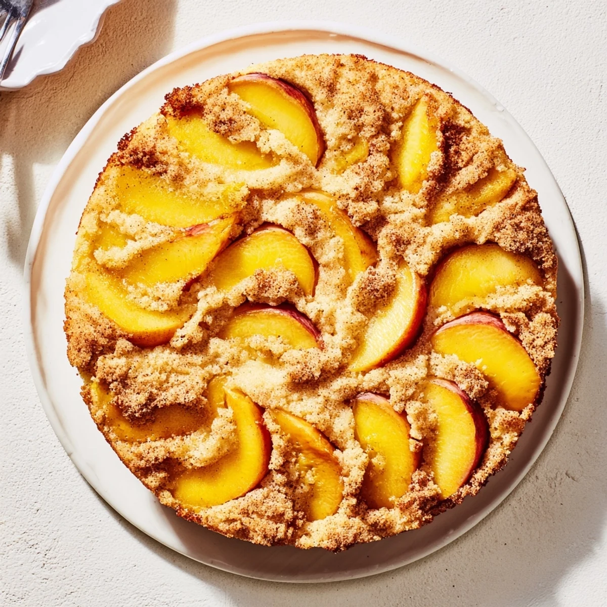 Slice of tender summer peach cake showing golden crumb and sweet fruit pieces throughout