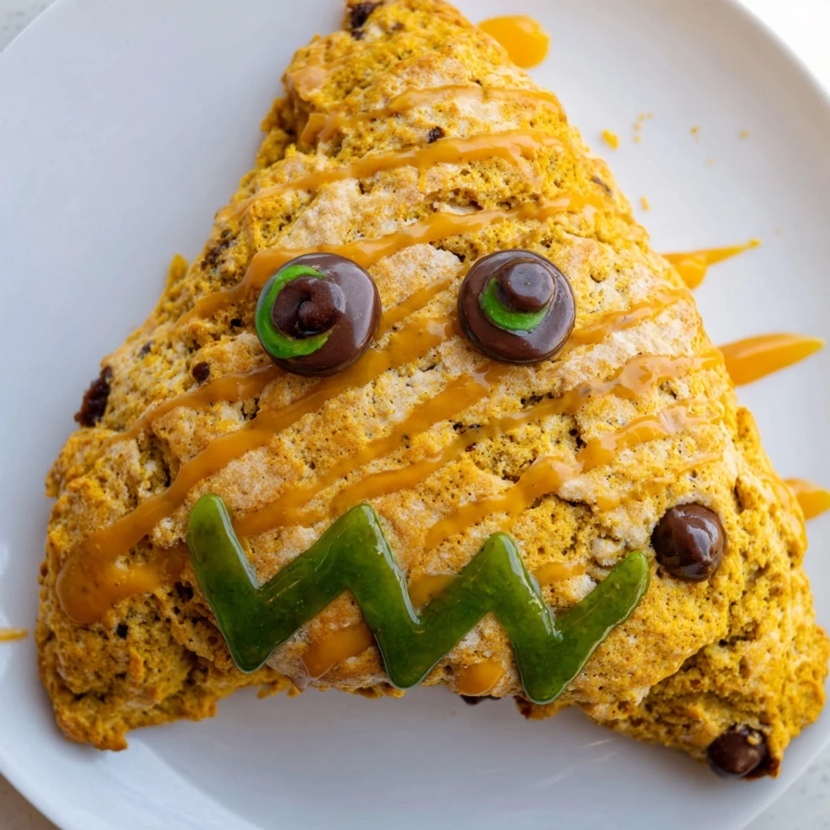 Golden brown Monster Face Pumpkin Scones topped with colorful glaze and candy eyes on a white plate