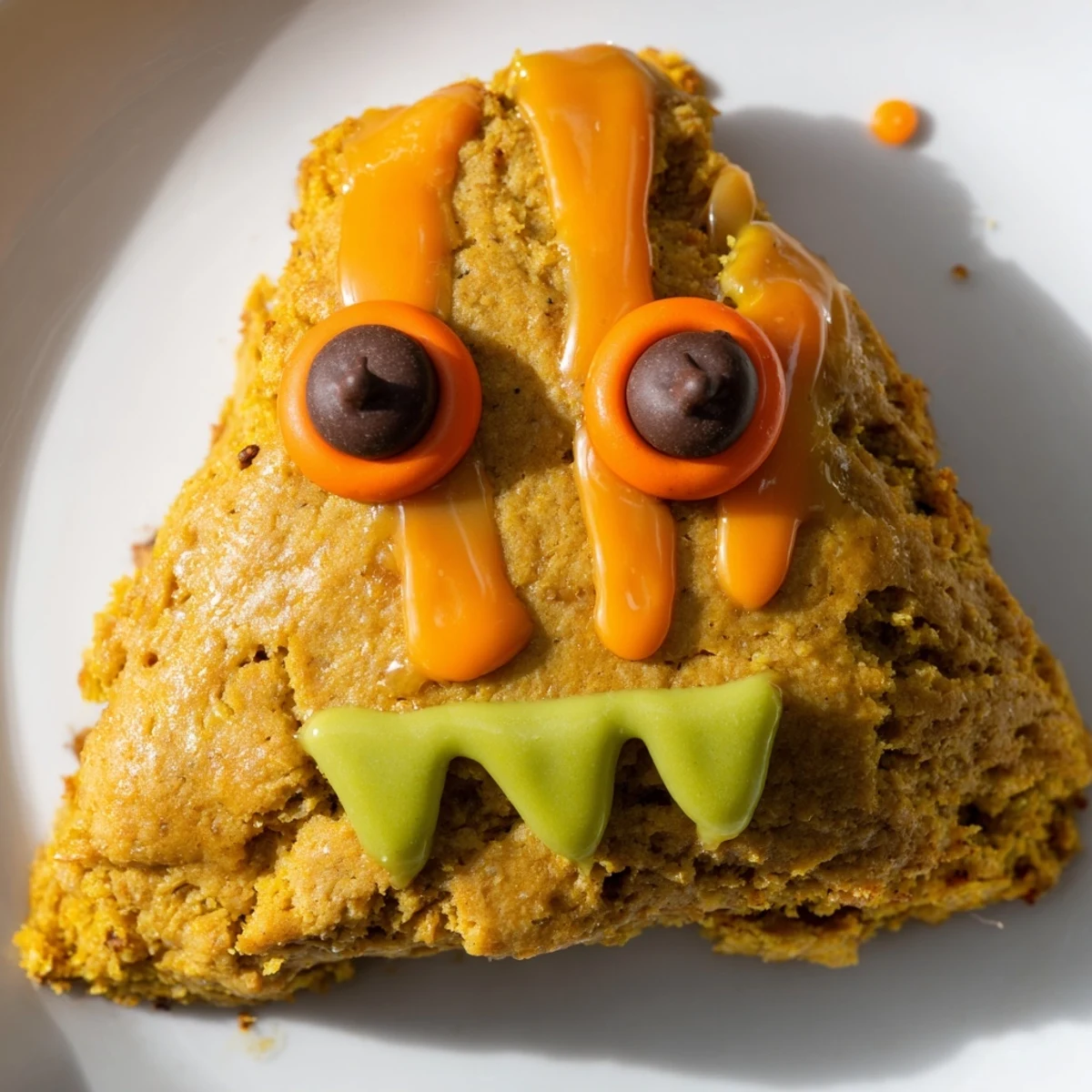 Spiced pumpkin scone triangles decorated with playful monster faces featuring orange, purple, and green frosting details