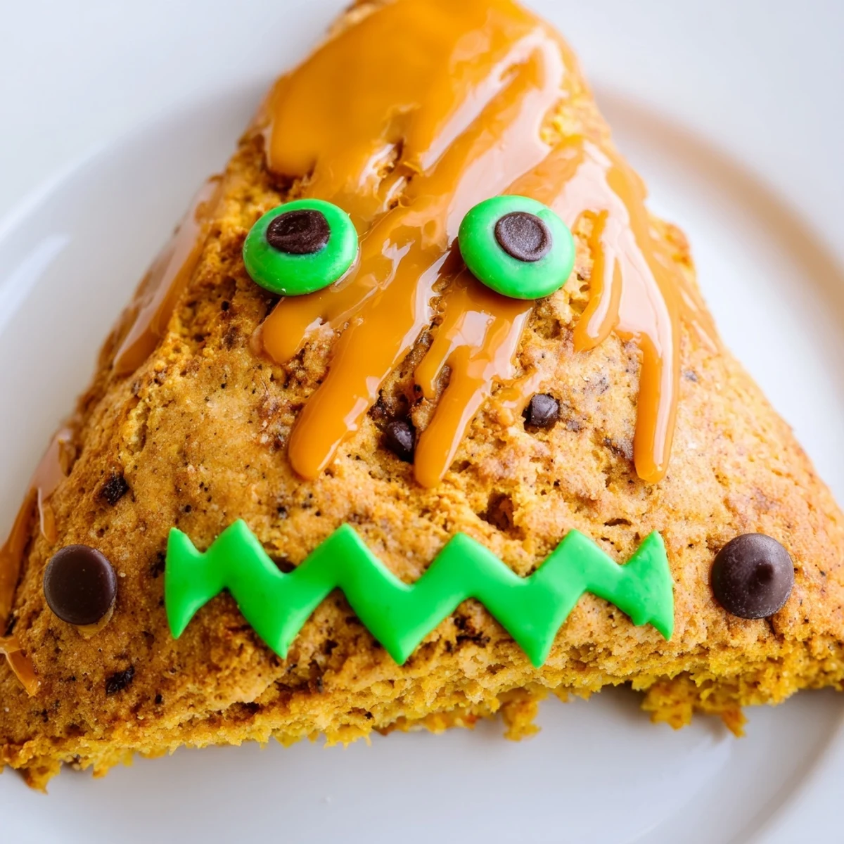 Halloween-themed pumpkin scones with whimsical monster expressions made from colored icing and edible googly eyes