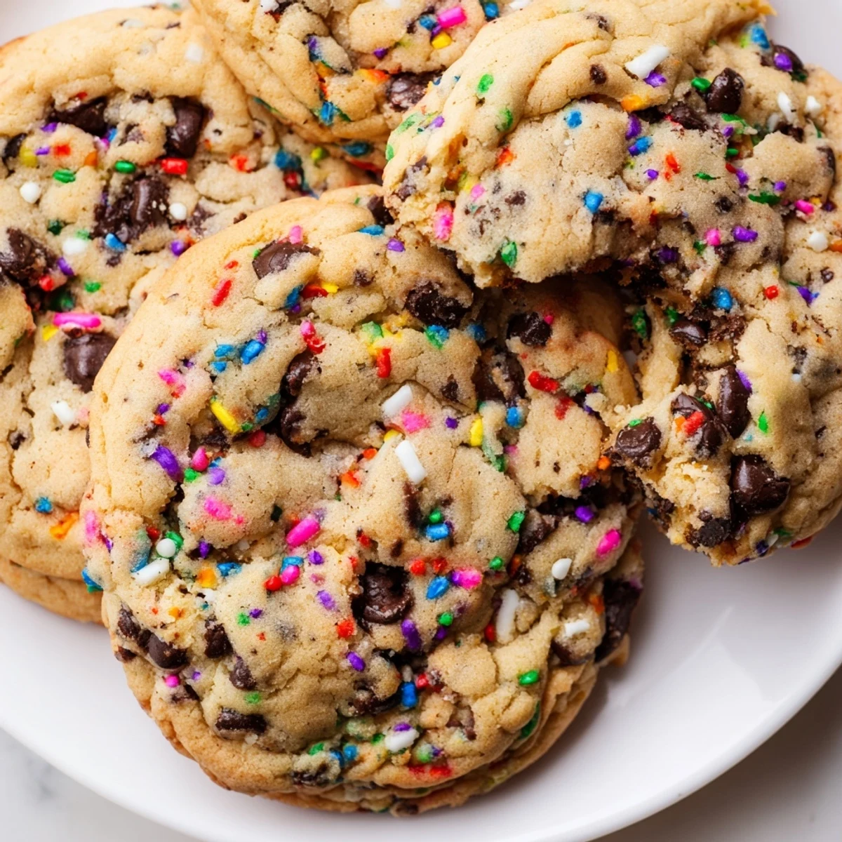 Homemade chocolate chip sprinkle cookies studded with semisweet morsels and bright rainbow confetti