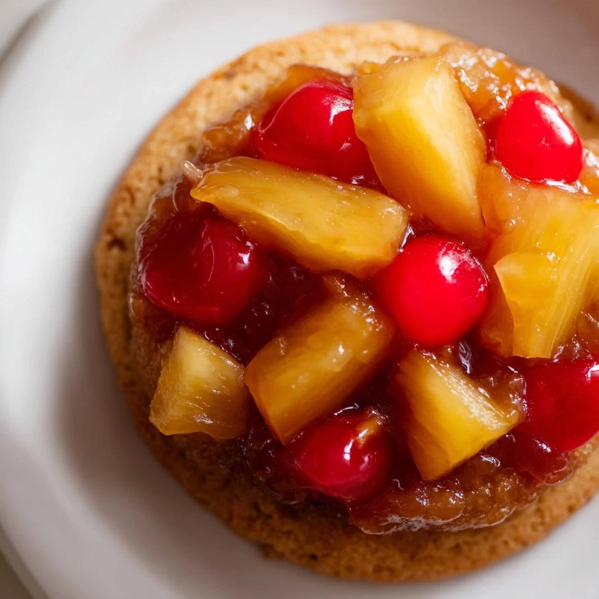 Golden brown pineapple upside down sugar cookies topped with caramelized pineapple rings and bright red maraschino cherries