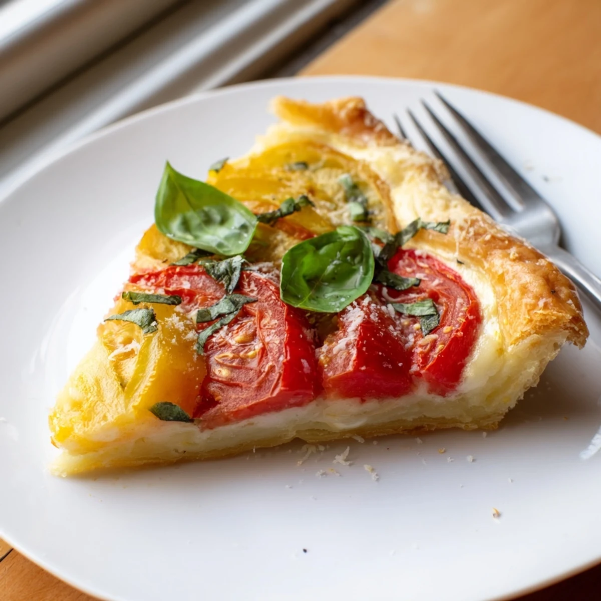 Savory tomato basil tart arranged with vibrant red tomato slices and fresh green basil garnish