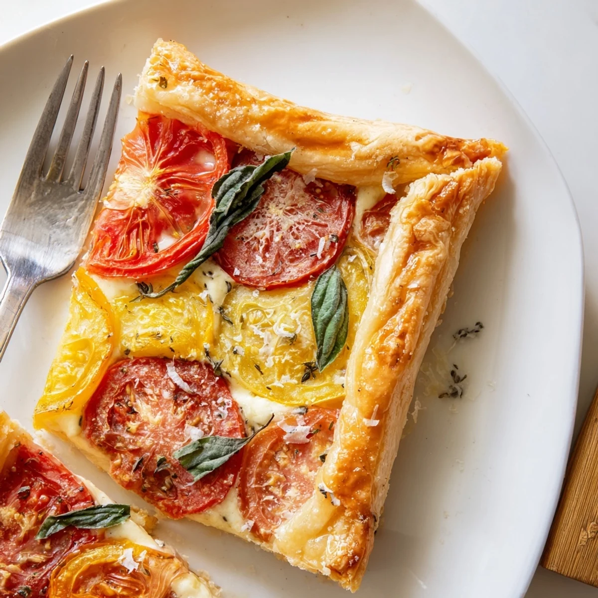 Freshly baked savory tomato basil tart with creamy cheese filling and golden brown puff pastry