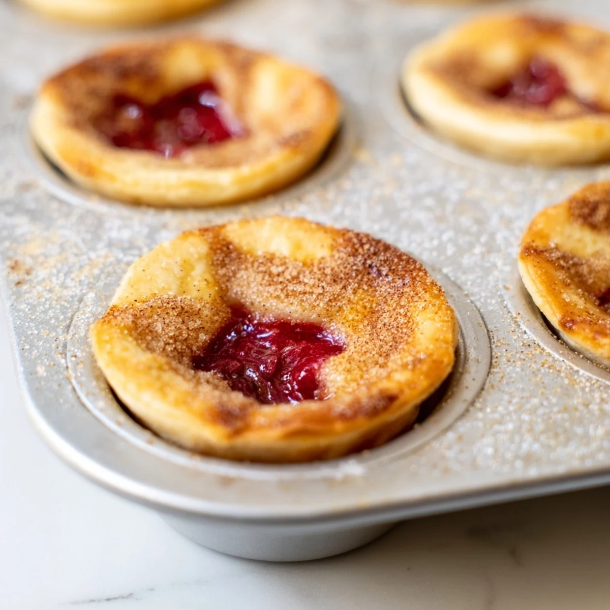 Golden cherry pie bites with bubbling red fruit filling nestled in buttery baked crust
