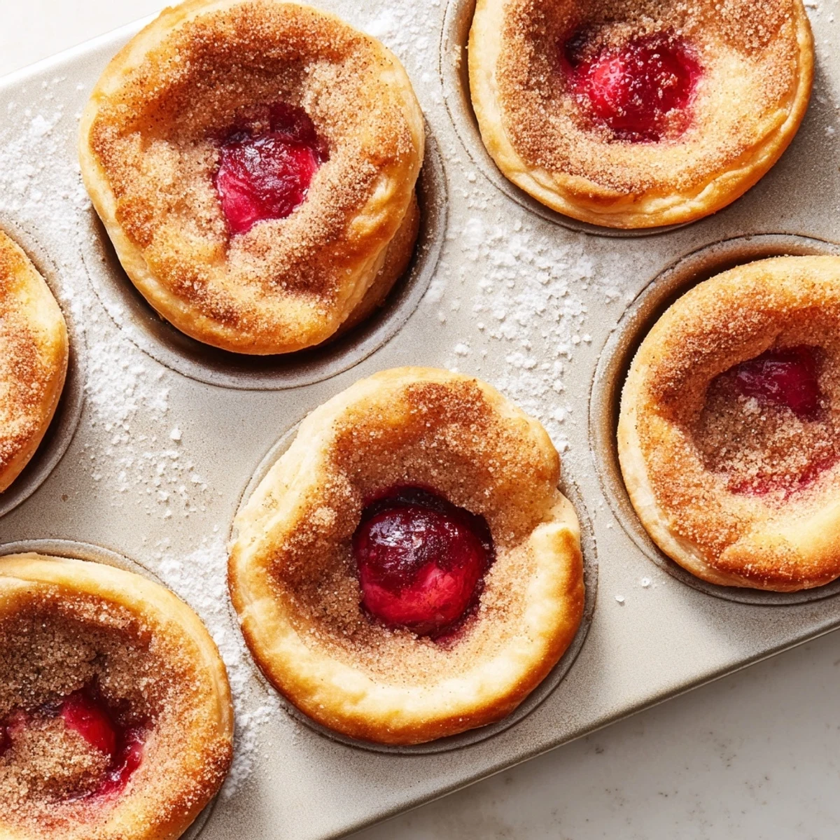 Freshly baked cherry pie bites displaying golden crust and sweet cherry filling centers