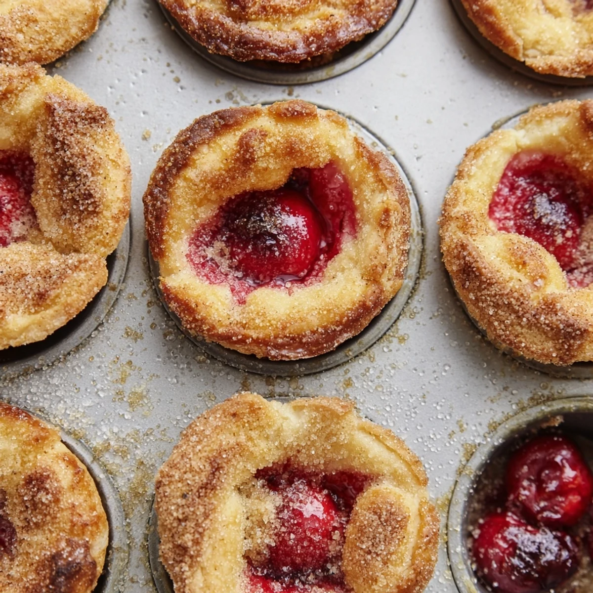 Mini cherry pie bites arranged on white plate with cinnamon sugar dusted edges