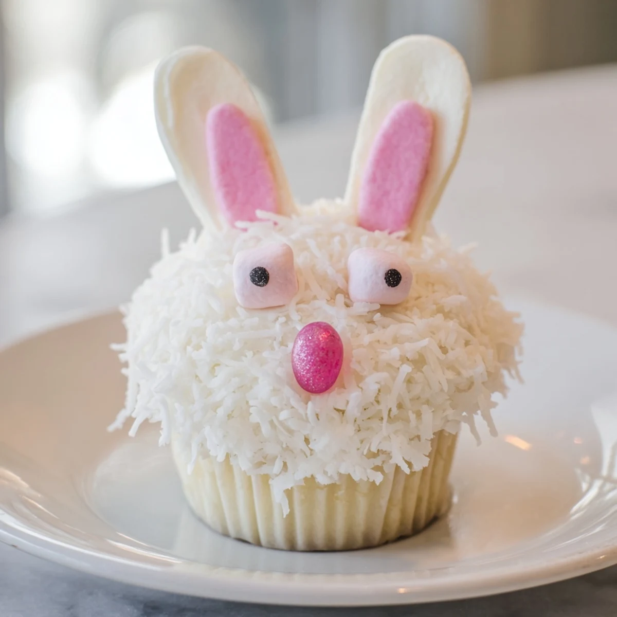 Adorable vanilla bunny cupcakes topped with coconut fur and pink marshmallow ears for Easter