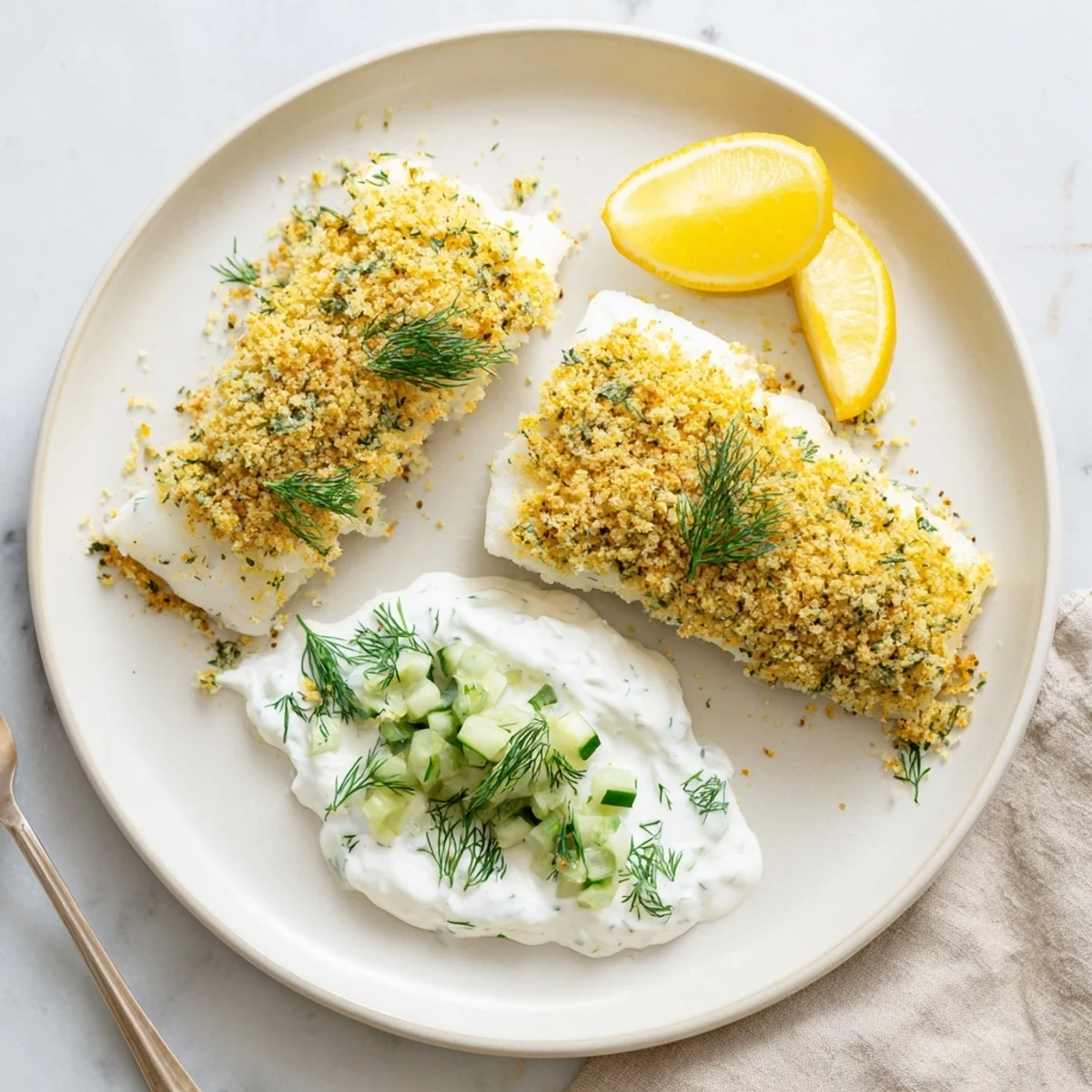Golden oven-baked crumbed fish fillets with crispy panko topping served alongside cool cucumber yoghurt sauce