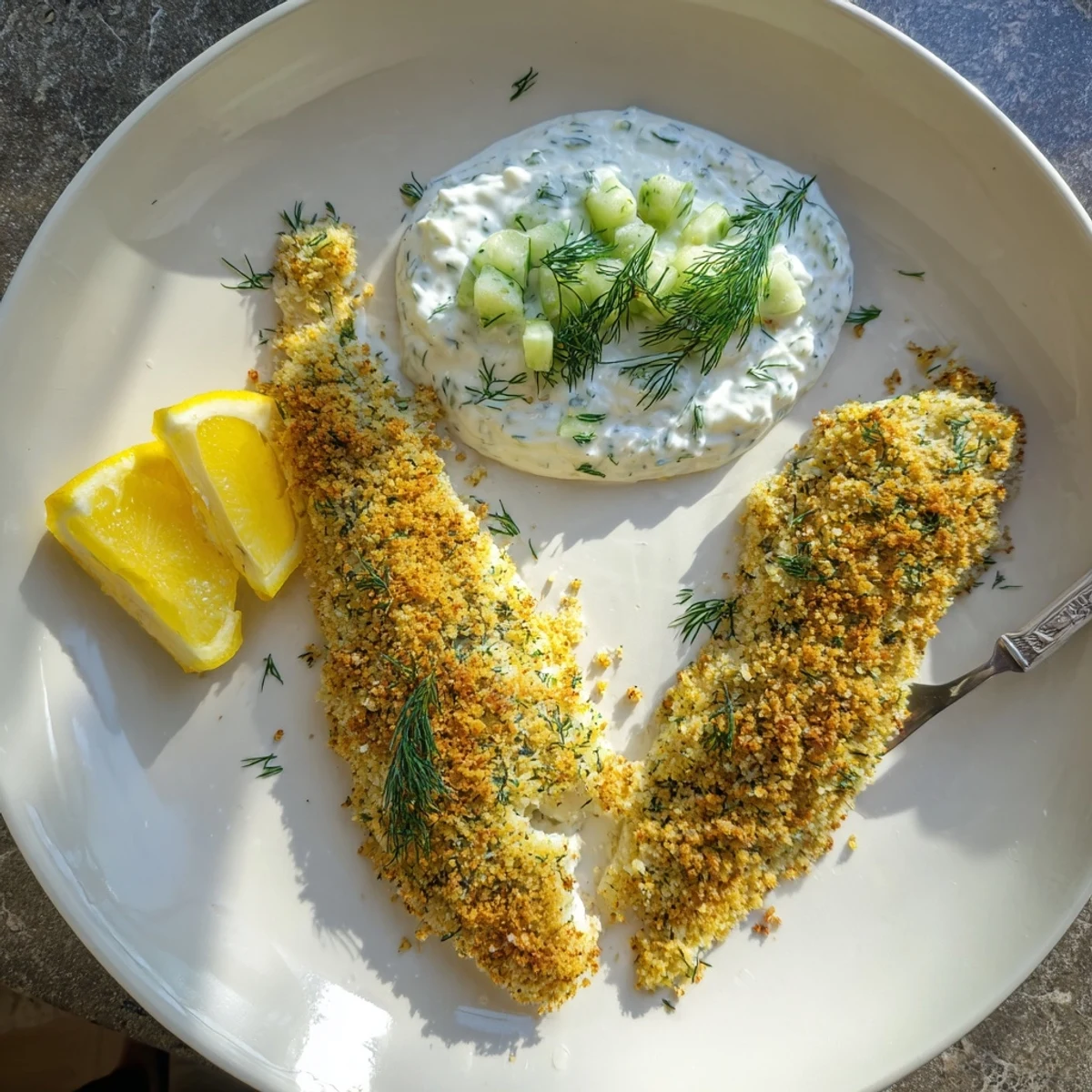 Crispy baked fish fillets coated in herb-seasoned breadcrumbs paired with refreshing dill and lemon cucumber sauce