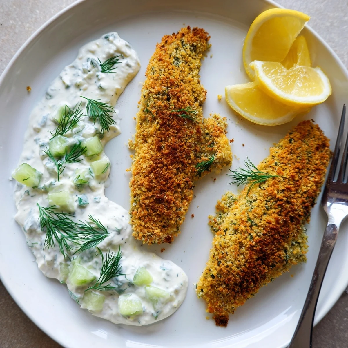 Perfectly oven-baked fish with golden crunchy crumb topping drizzled with tangy dill lemon yoghurt dressing