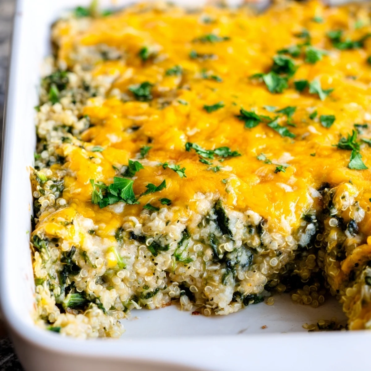 Protein-packed quinoa spinach and egg bake served warm in a square baking dish with crispy edges