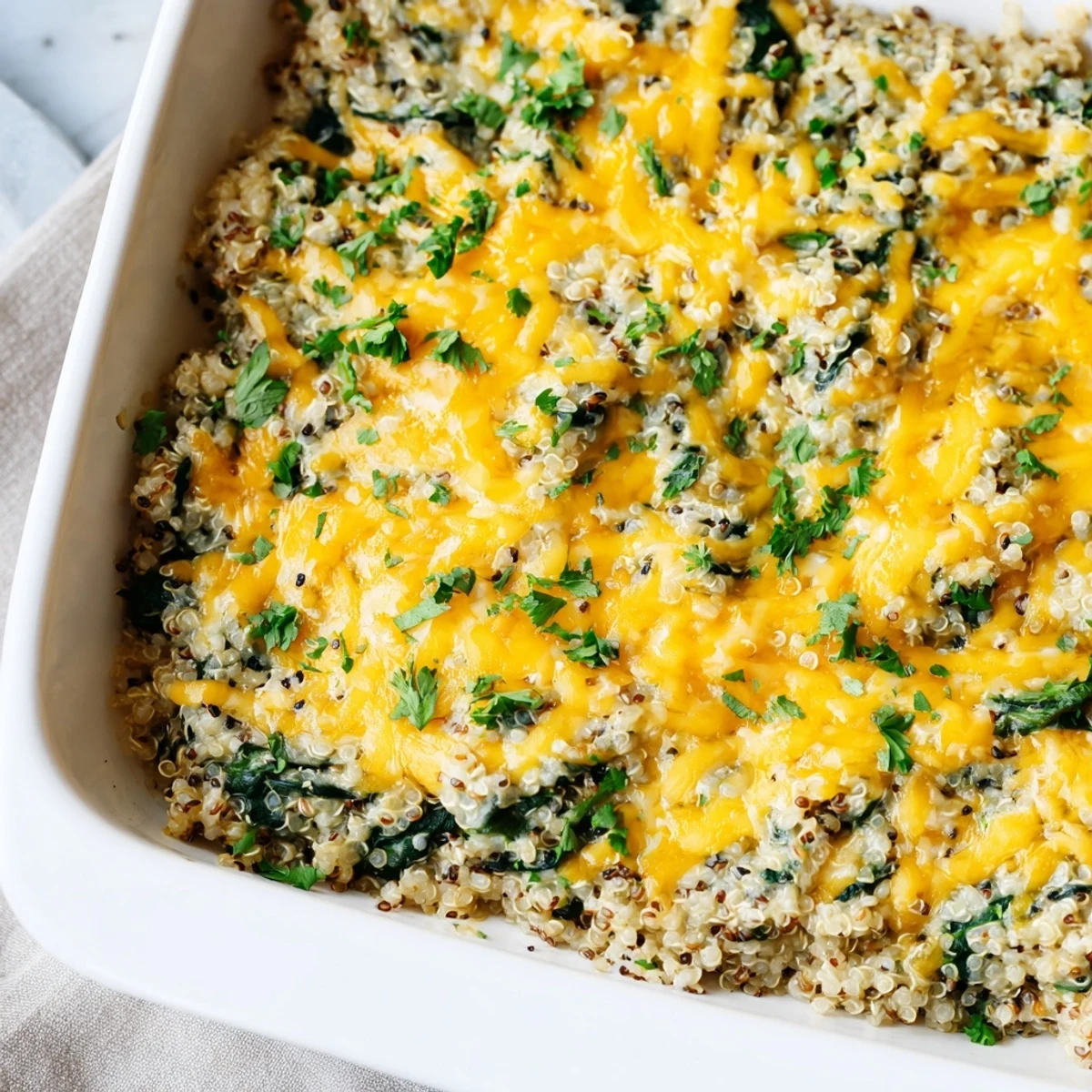 Golden brown quinoa spinach and egg bake with melted cheese topping and fresh parsley garnish