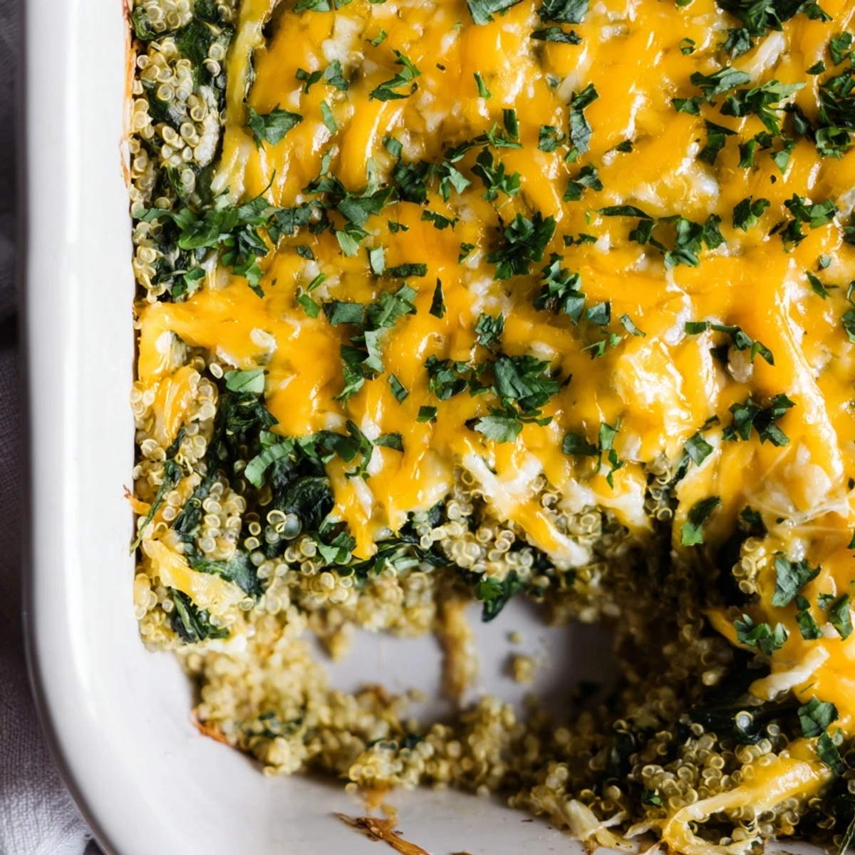 Wholesome vegetarian casserole featuring fluffy quinoa, wilted spinach, and baked eggs bubbling under cheddar cheese crust