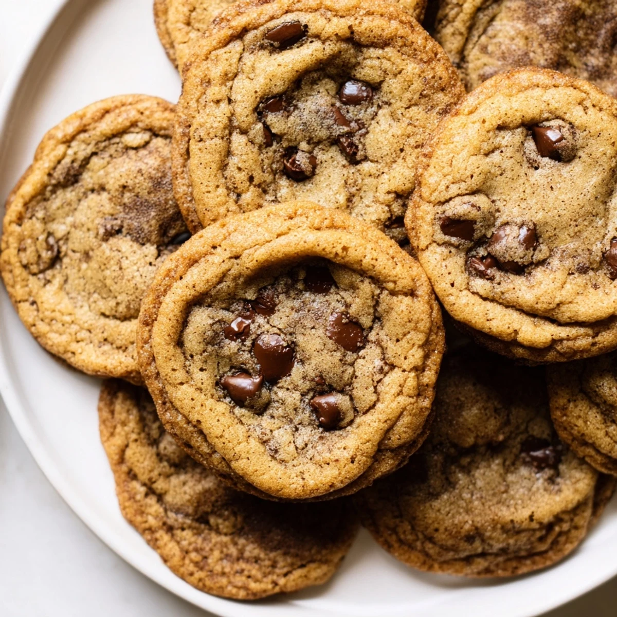 Stack of warm Vietnamese cinnamon chocolate chip cookies with visible cinnamon speckles and chocolate chips