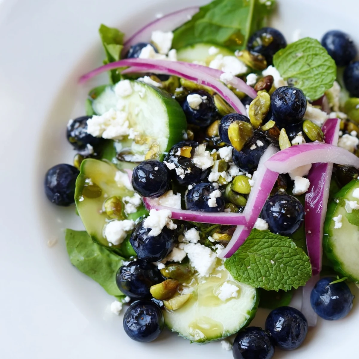 Colorful blueberry pistachio spring salad topped with feta cheese and fresh mint leaves in a white bowl