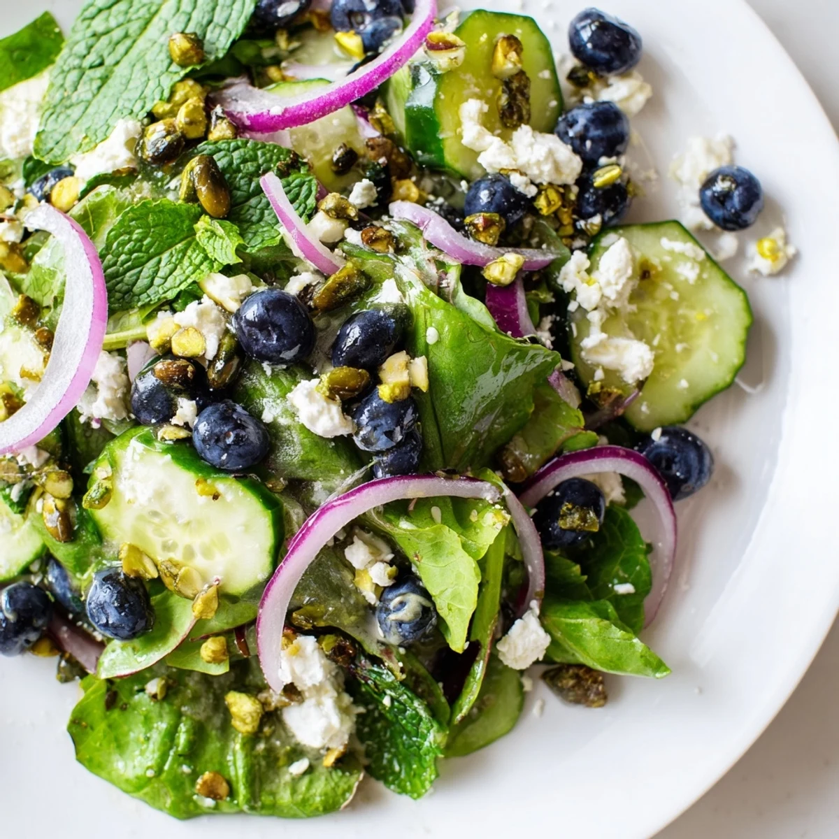 Vibrant salad bowl featuring mixed greens, sweet blueberries, toasted pistachios, red onion, and creamy feta cheese