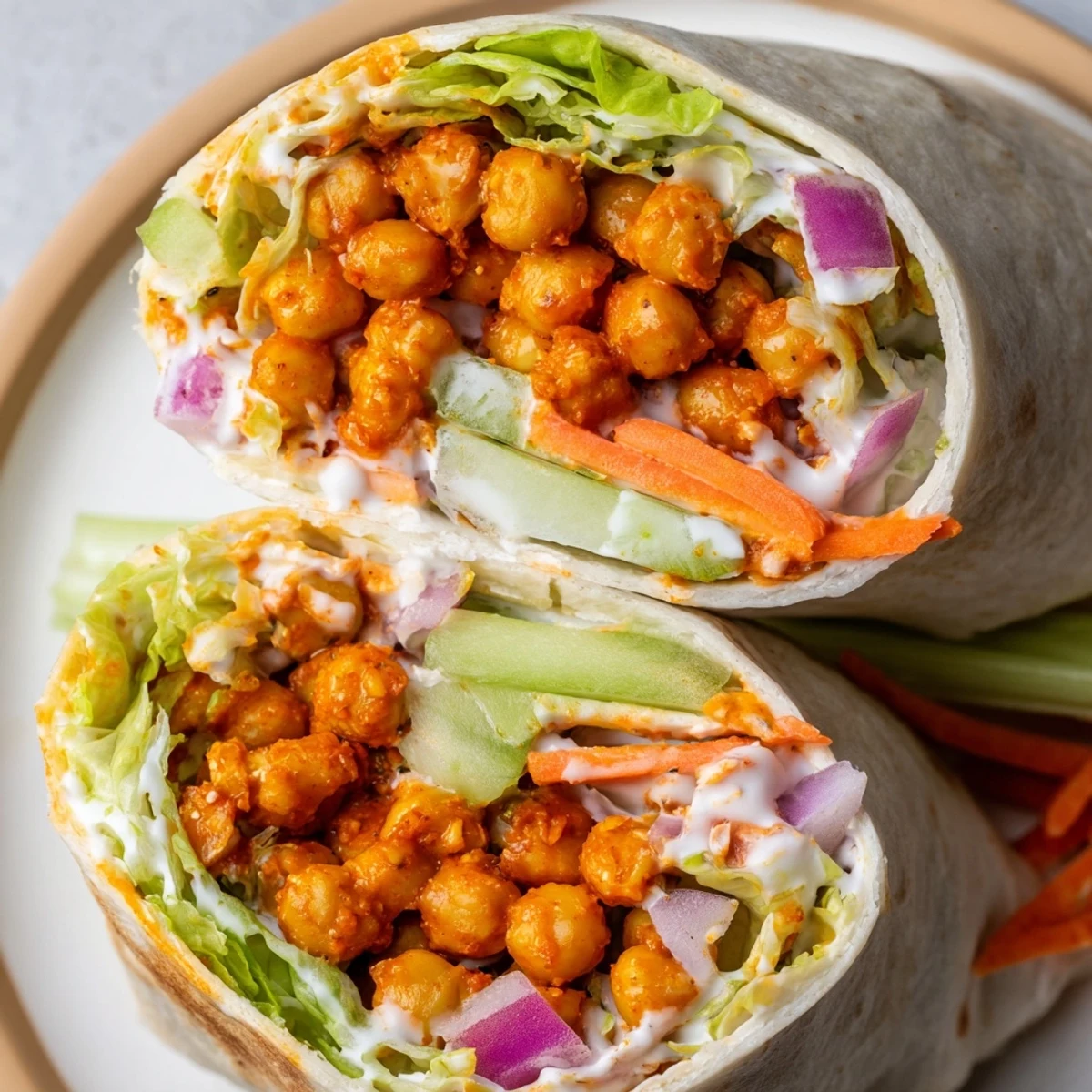 Golden buffalo chickpea wraps filled with crisp vegetables and creamy ranch dressing
