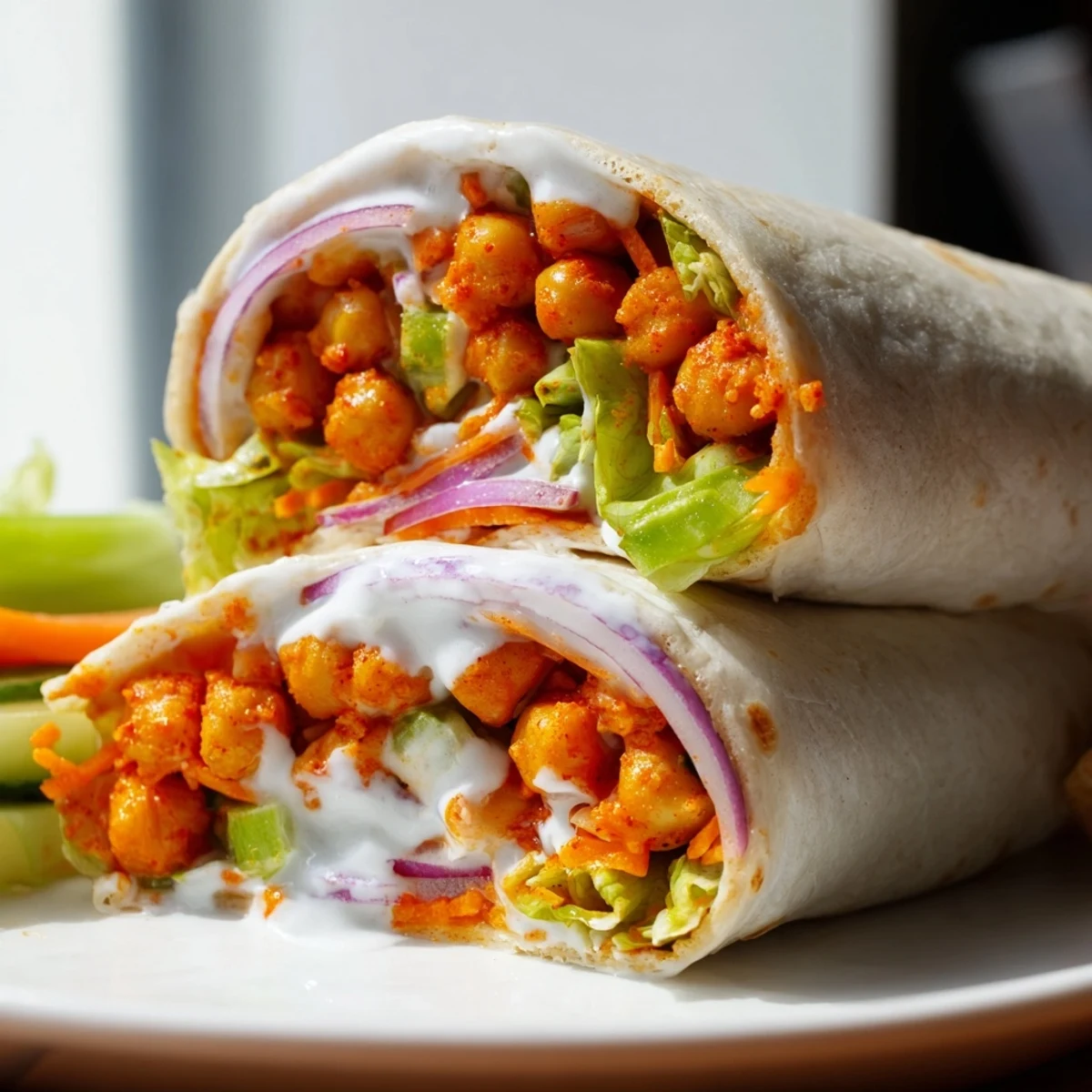 Vegetarian buffalo chickpea wraps layered with crunchy celery and red onion slices