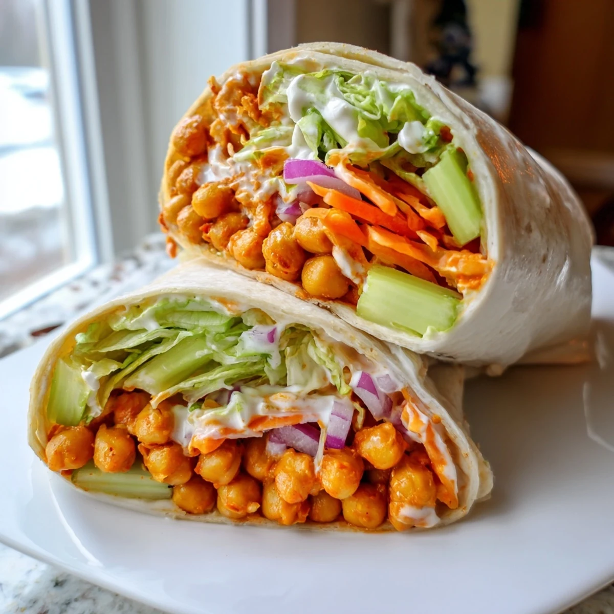 Spicy buffalo chickpea wrap rolled with fresh lettuce, carrots, and tangy sauce