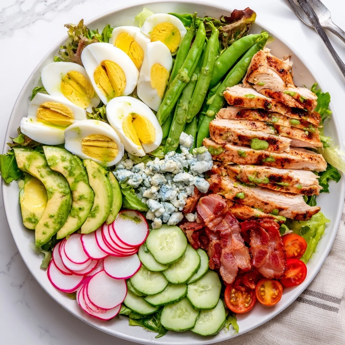 Vibrant Spring Cobb Salad topped with grilled chicken, hard-boiled eggs, bacon, and seasonal spring vegetables
