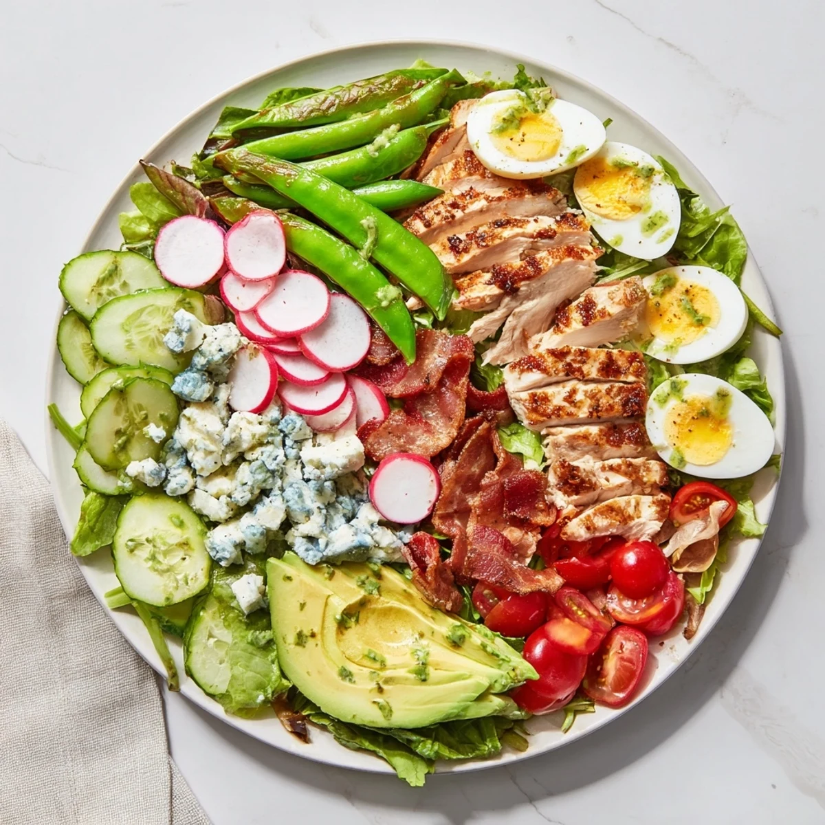 Fresh Spring Cobb Salad arranged with colorful rows of avocado, chicken, and crisp vegetables over mixed greens