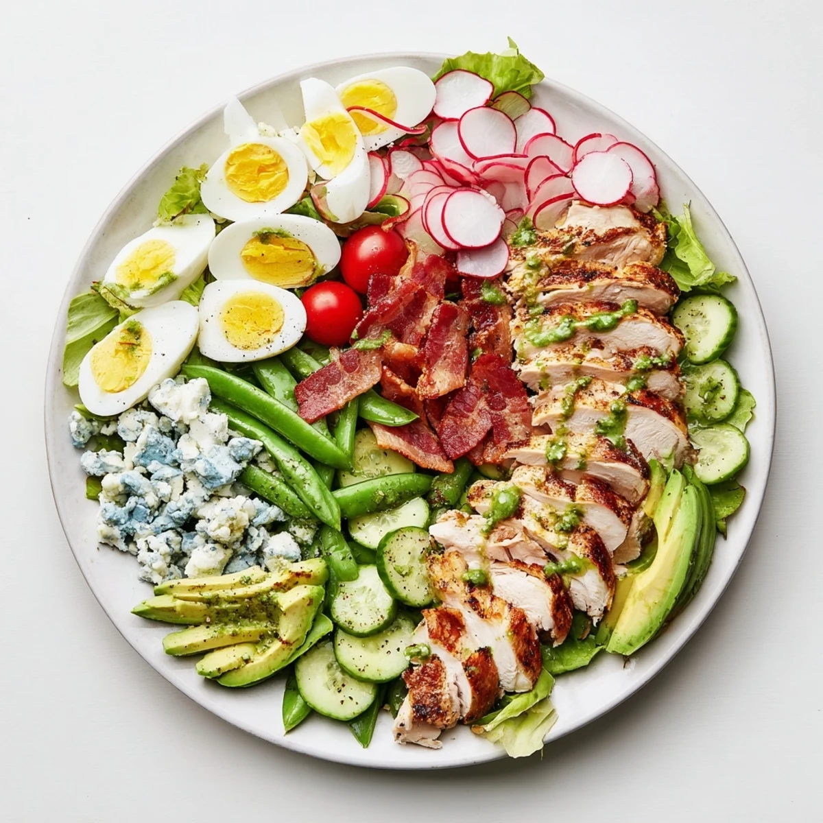 Colorful Spring Cobb Salad featuring snap peas, radishes, cherry tomatoes, and creamy herb vinaigrette dressing