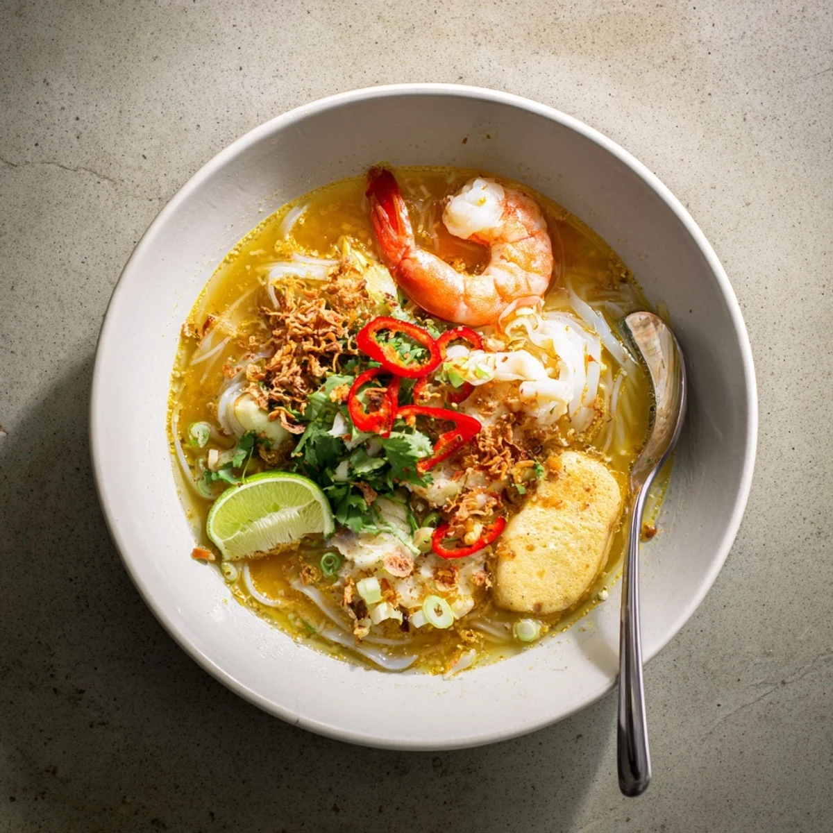 Steaming bowl of Banh Canh Cua Vietnamese crab noodle soup with thick tapioca noodles and succulent crab meat