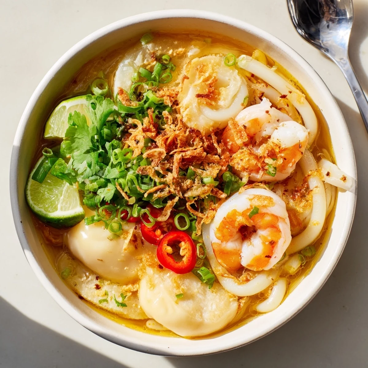 Rustic Banh Canh Cua featuring fresh crab, shrimp, and fish cakes in aromatic golden broth garnished with herbs