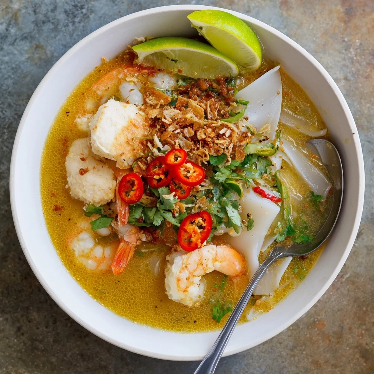 Close-up of Banh Canh Cua crab noodle soup topped with cilantro, fried shallots, and fresh lime wedges