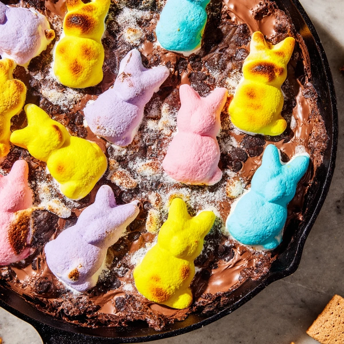 Golden Peeps marshmallow chicks nestled over melted chocolate in a cast iron skillet with graham cracker dippers